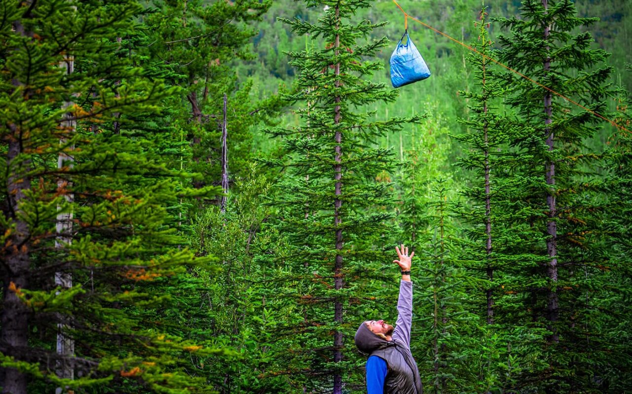 man reaching up to bag hanging in on a rope