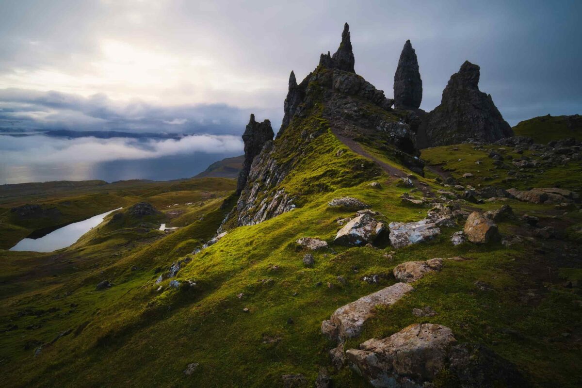 rugged peaks in green landscape