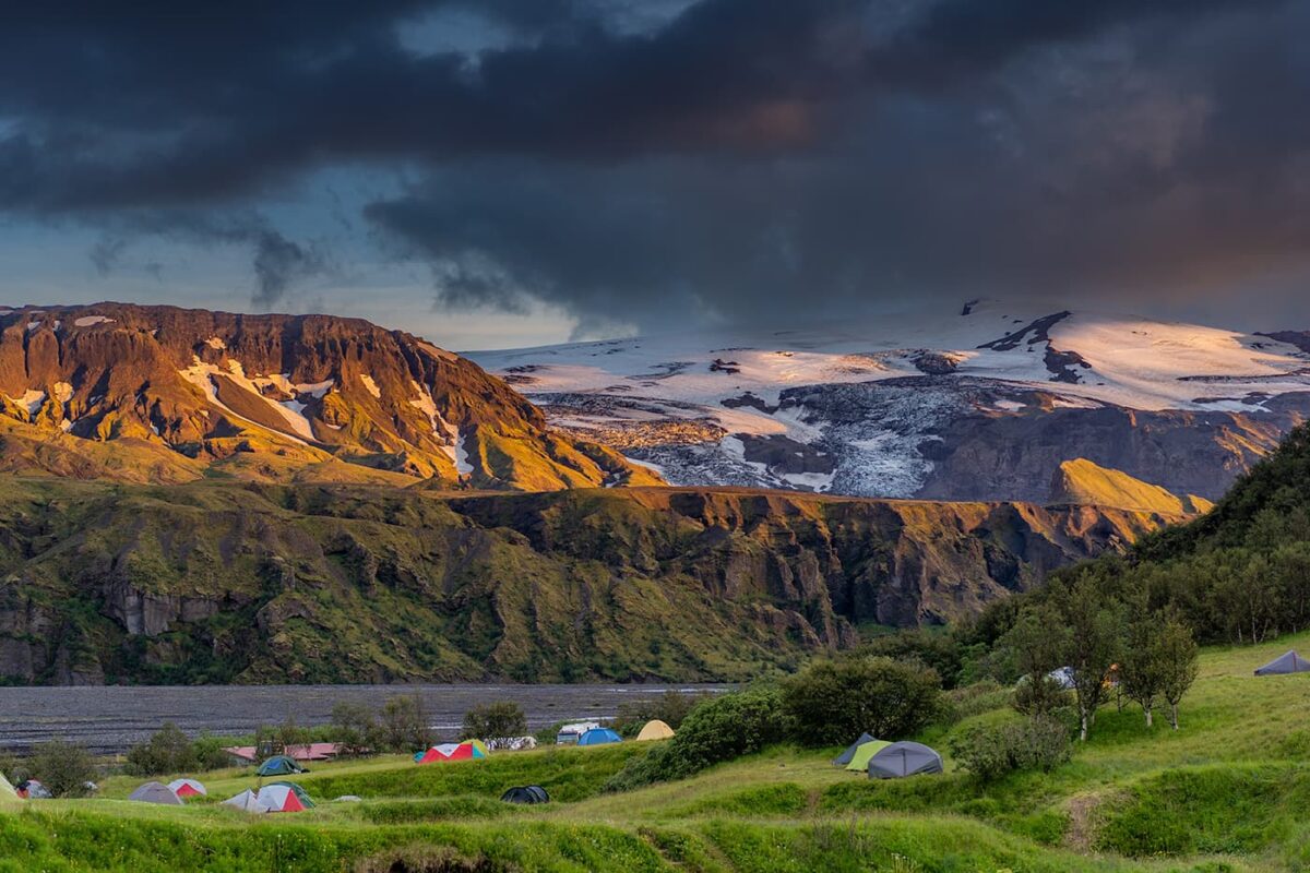 Campsite in Iceland during sunset