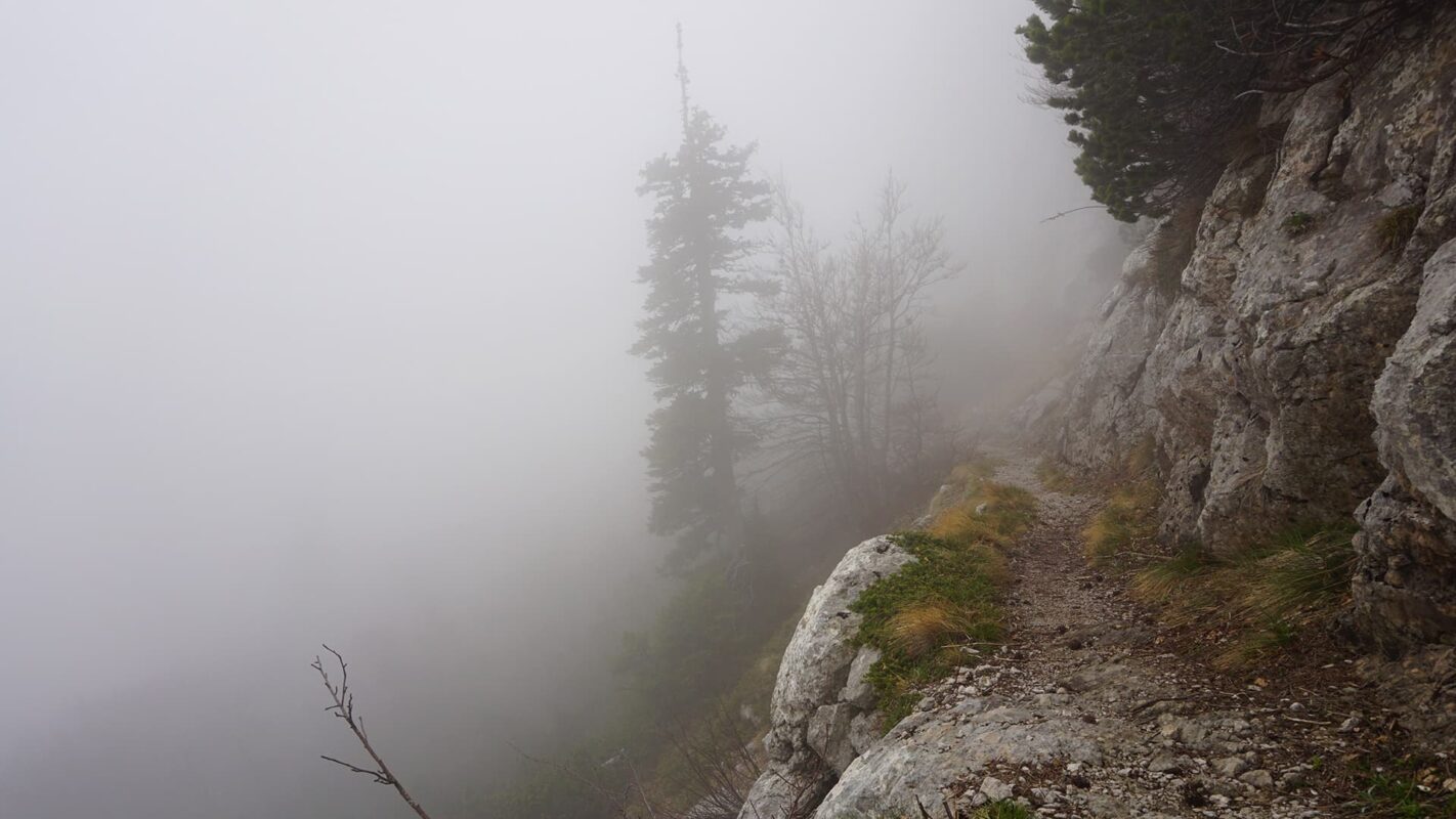 small mountain path in misty weather