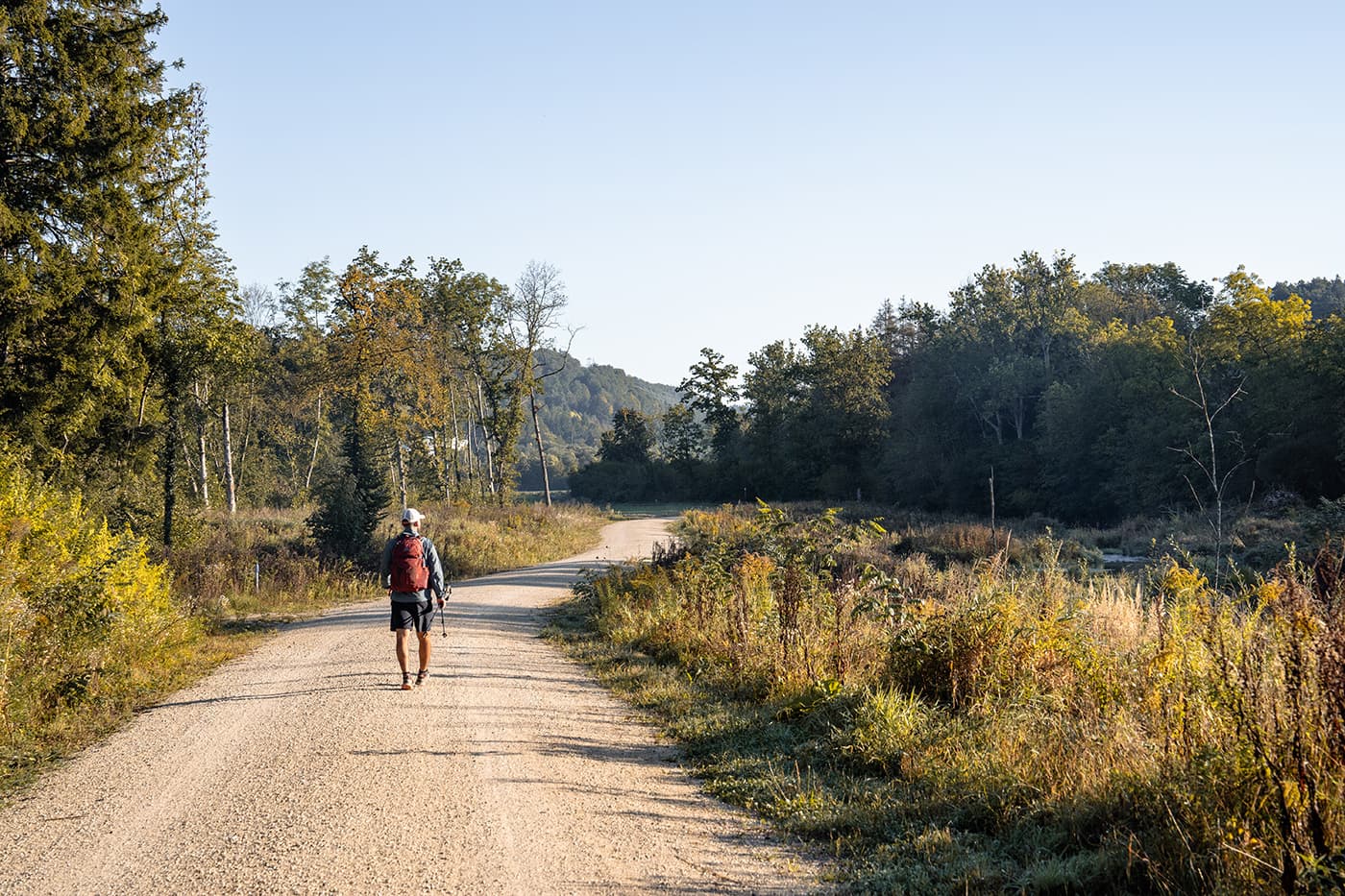 man hiking on wide gravel path in green landscape