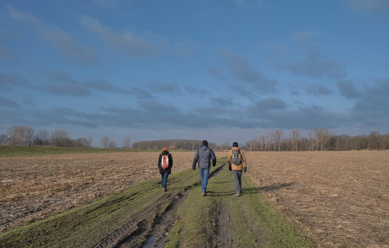 three people walking in field in flat countryside during cloudy day