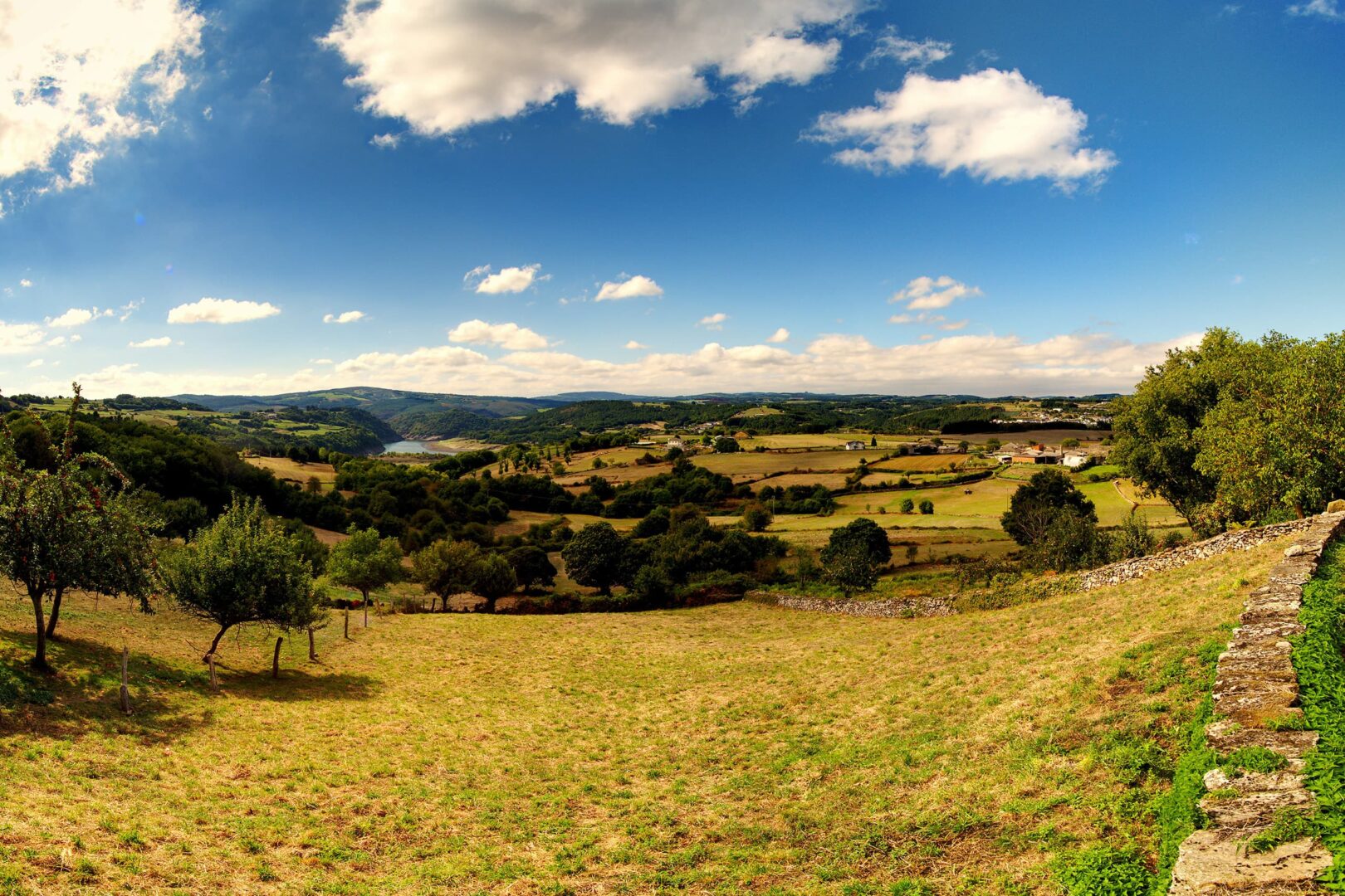 panoramic view of Spanish countryside, green fields and trees