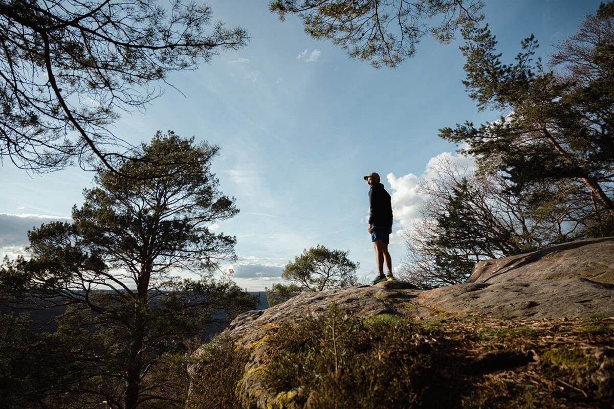 man standing on big rock looking out over forest