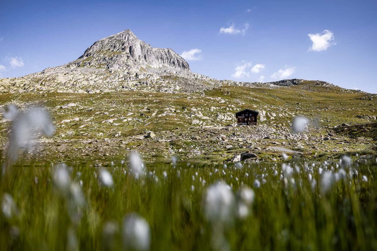 mountain hut near rugged peaks
