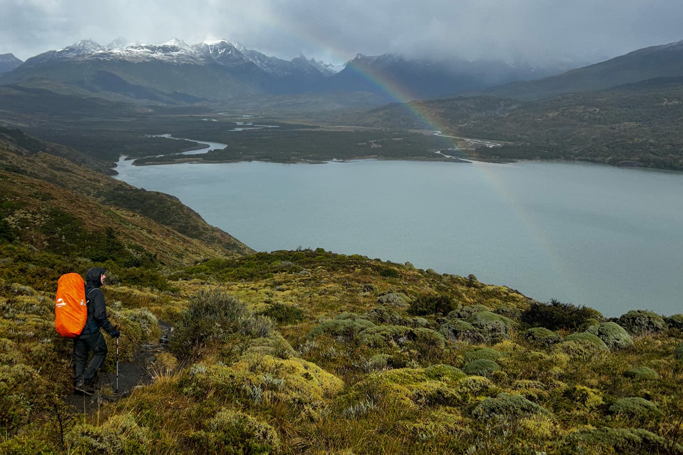 man hiking in green landscape towards body of water