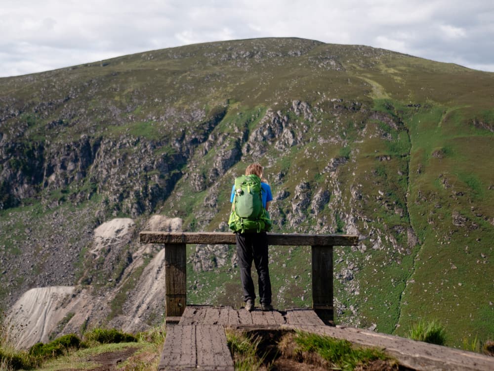 person at vantage point looking at green landscape