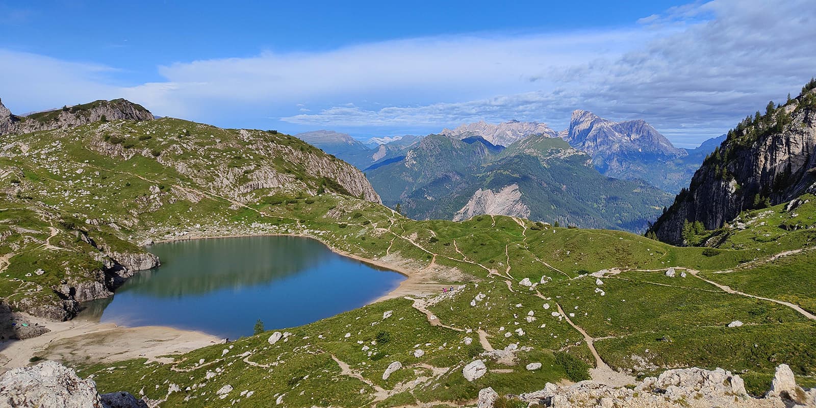 mountain lake and hiking path with rugged peaks in the background