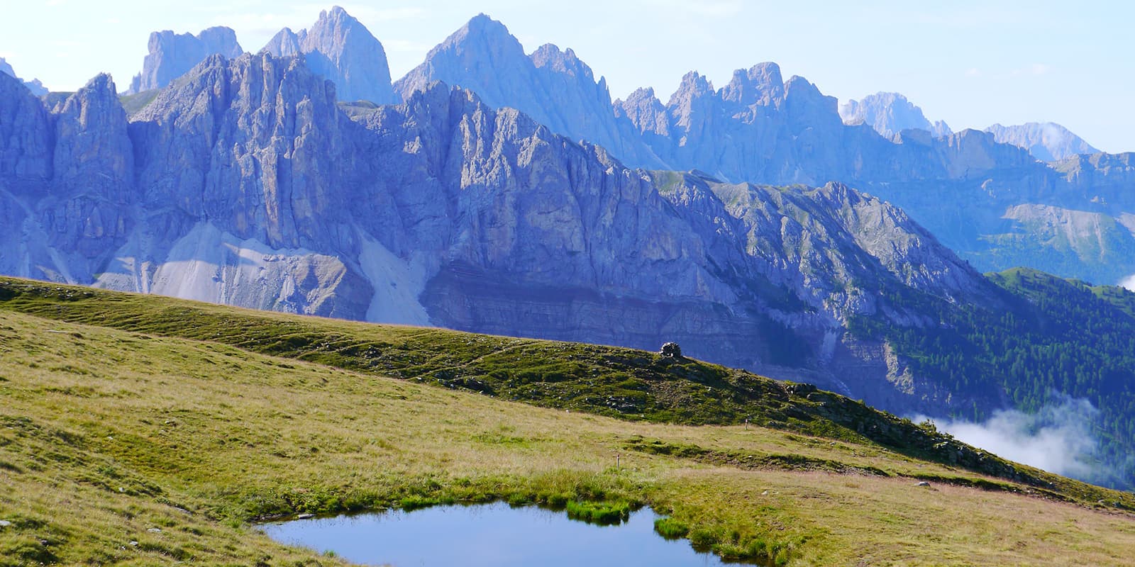 small mountain lake on grassy field with rugged mountain peaks in background