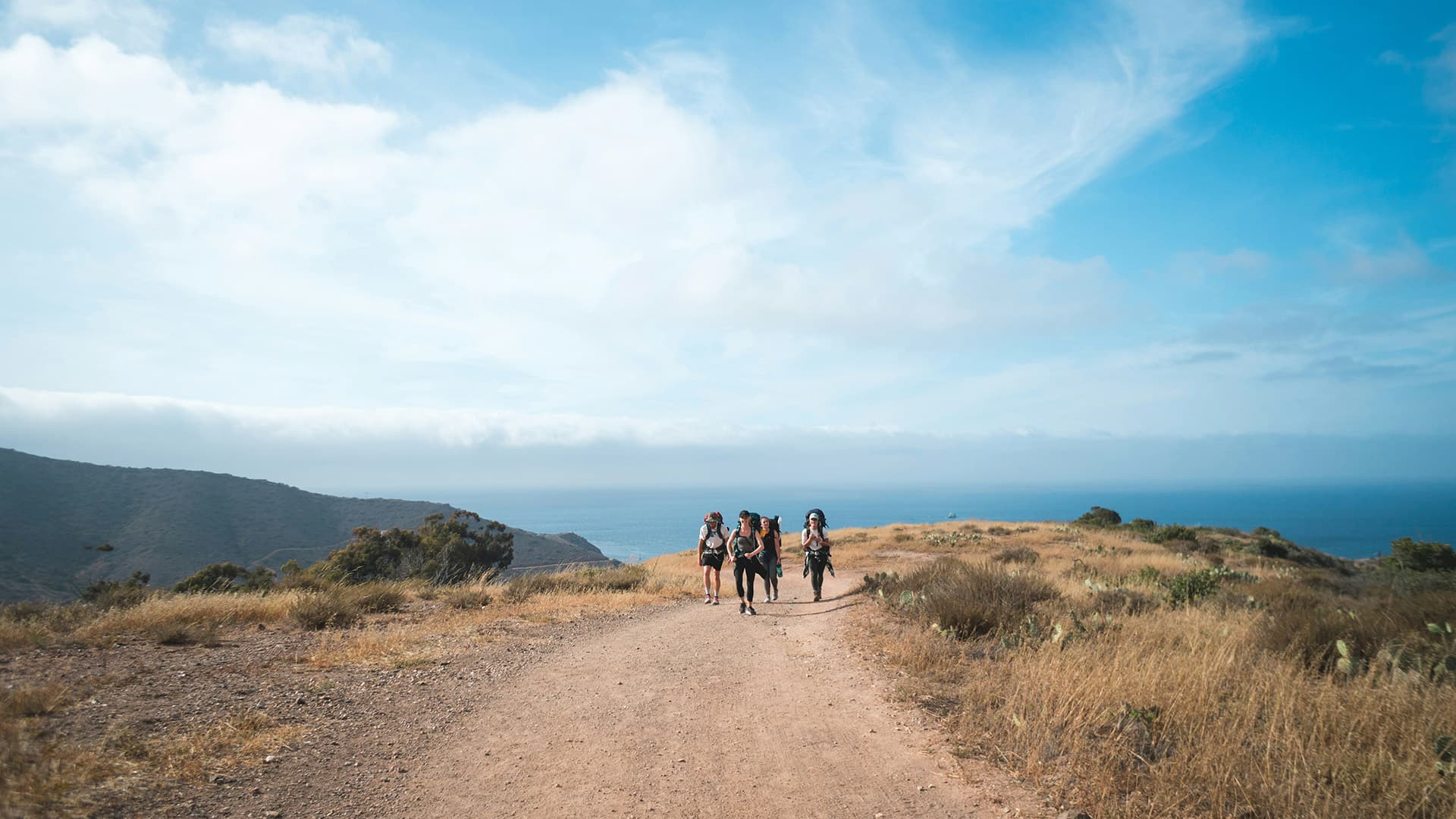 group of hikers on dirt road near the ocean