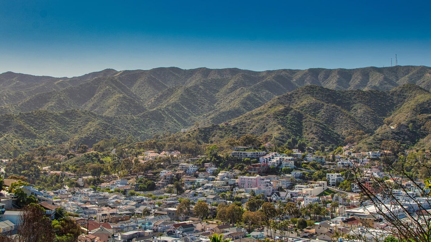 Colorful town with green mountains in background on island of Catalina