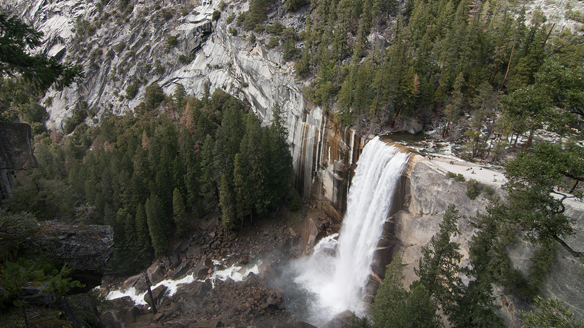 drone shot of waterfal in Yosemite Valley