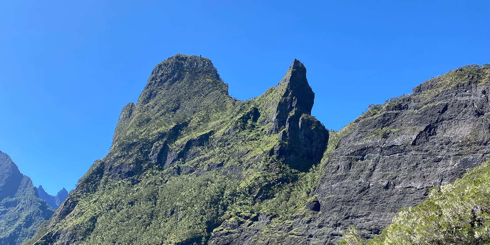 rugged peaks covered in green on Reunion Island