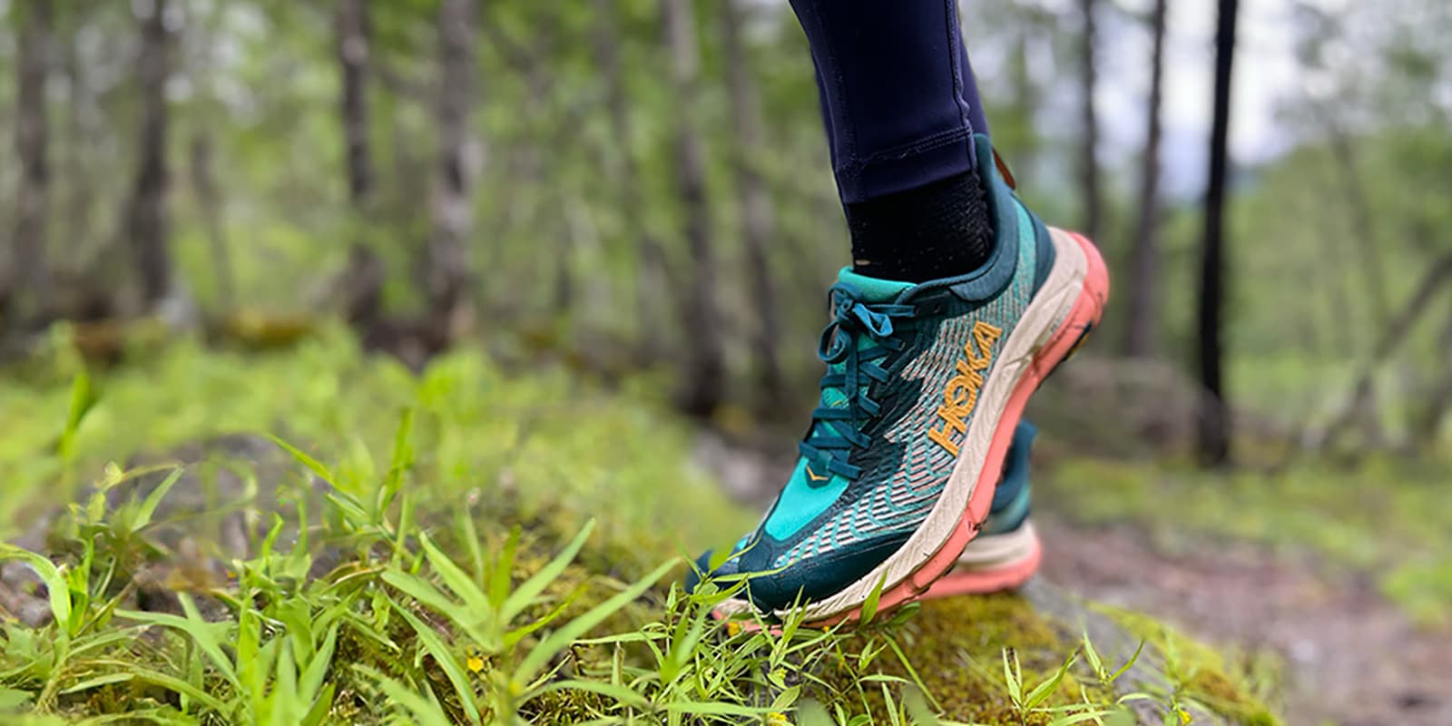 close up of the Hoka mafate shoes in the grass