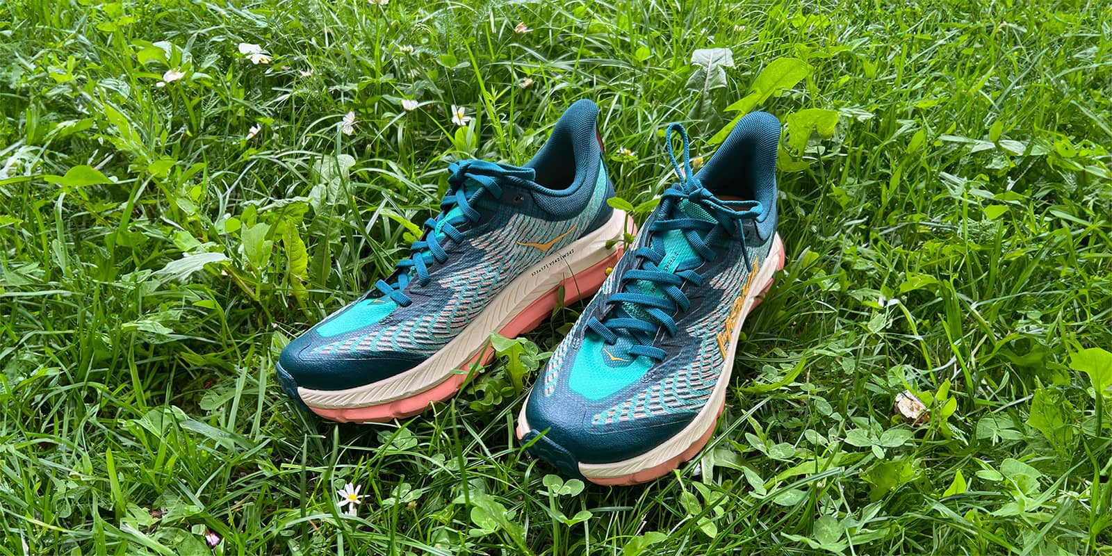 pair of Hoka mafate shoe sitting in the grass