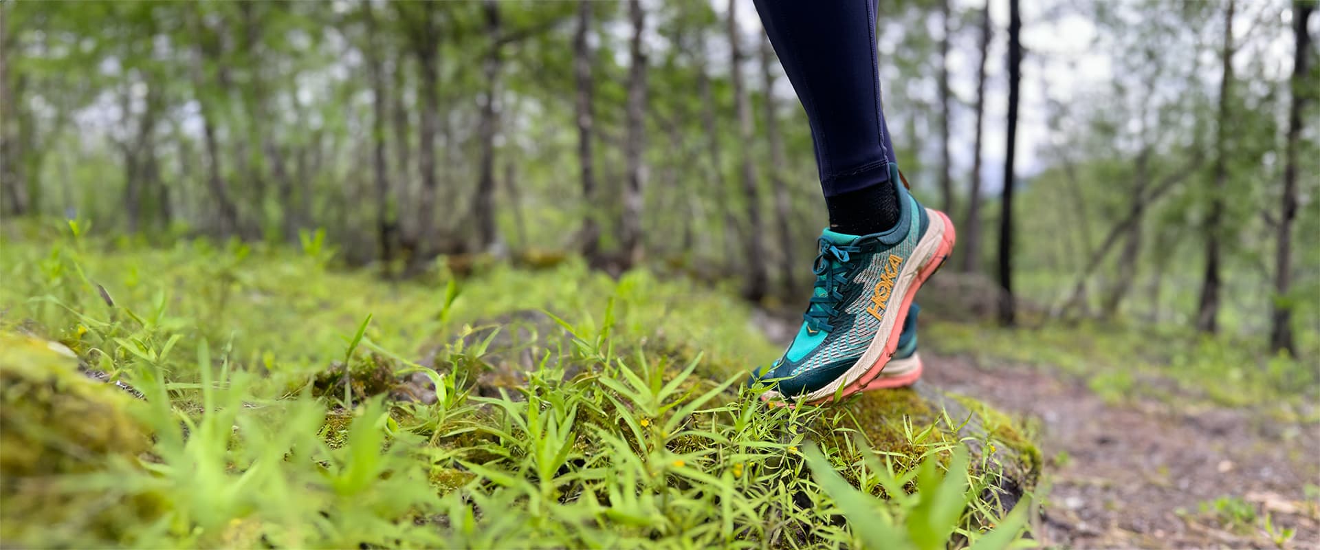 close up of the Hoka mafate shoes in the grass