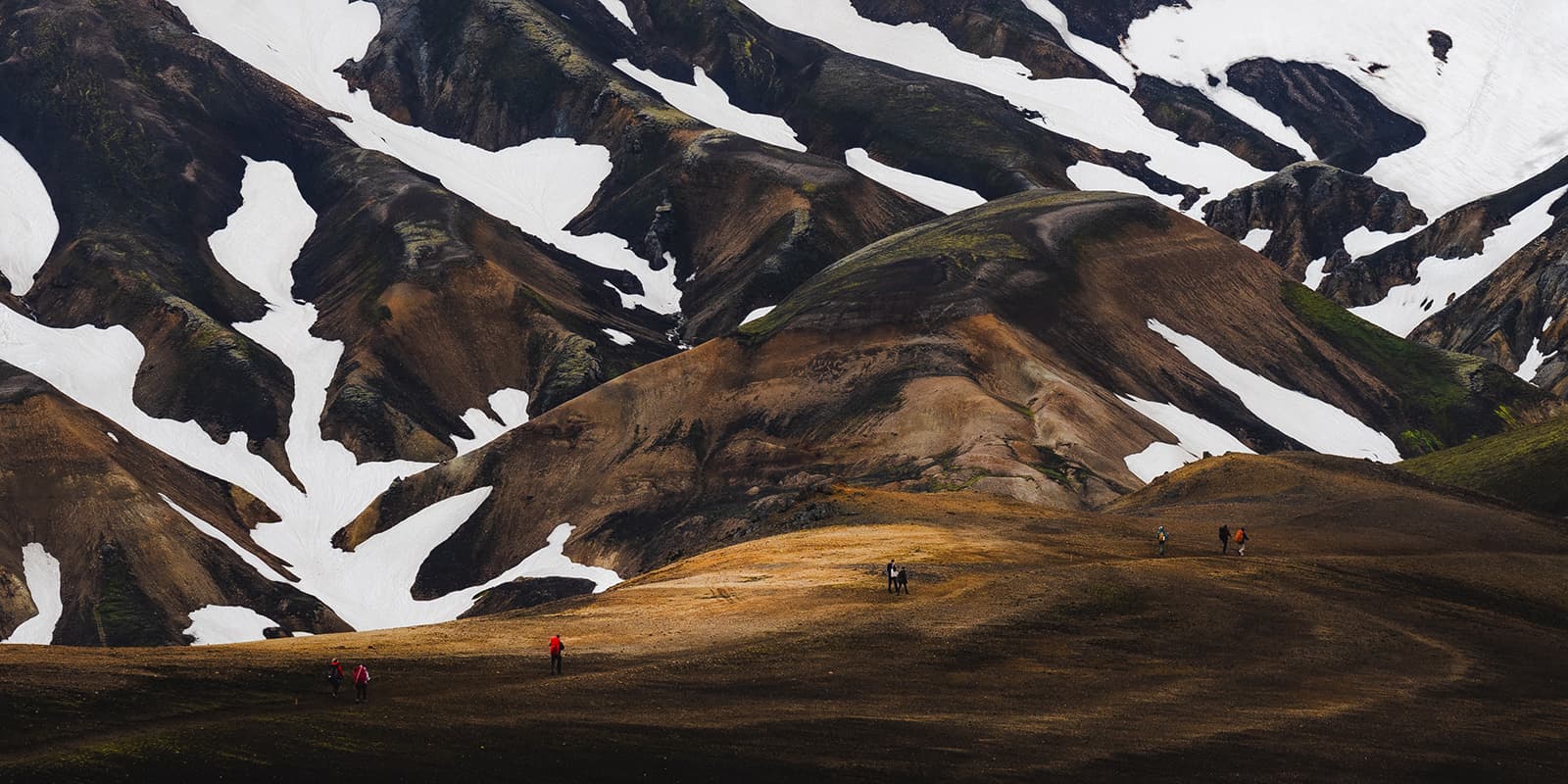 group of hikers in Iceland near snow covered mountains