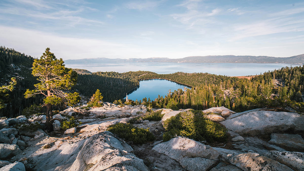 Lake Tahoe seen from a hill top during golden hour