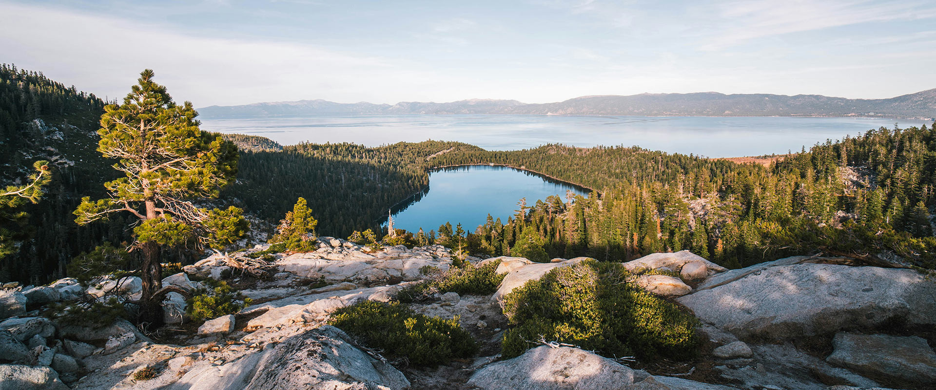 Lake Tahoe seen from a hill top during golden hour