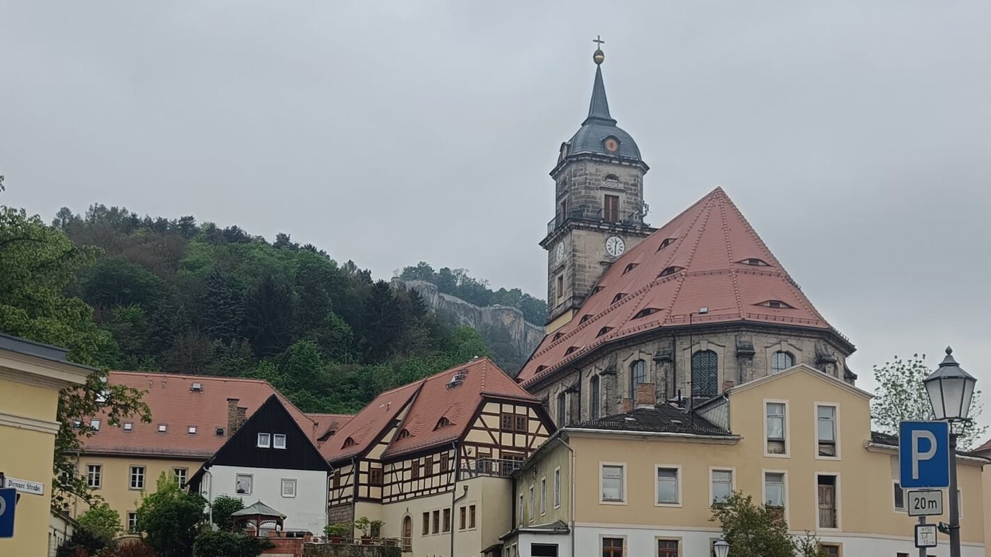 church and yellow houses in small German town