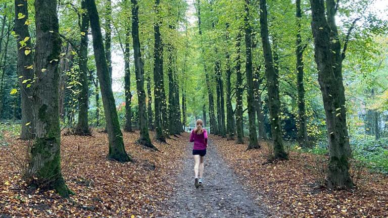 person running on path sided by trees