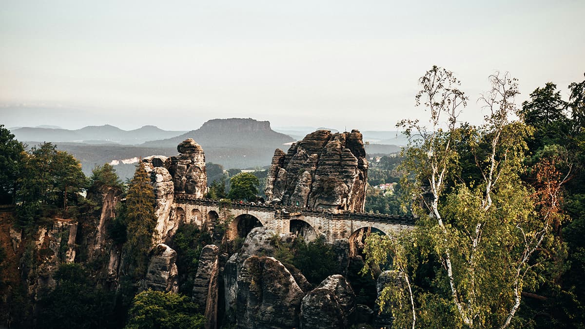 Bastei bridge in Lohmen with rock formations in background