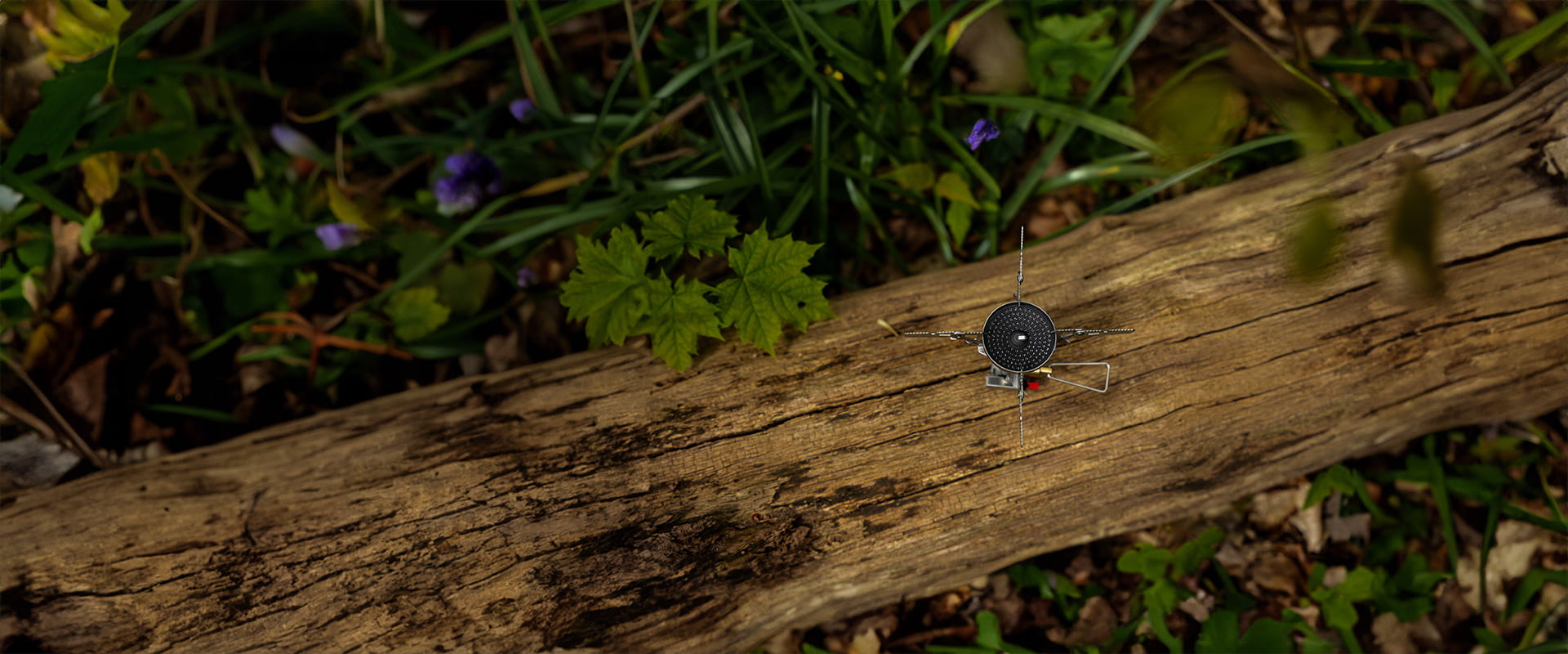 top down shot of Soto stove sitting on log