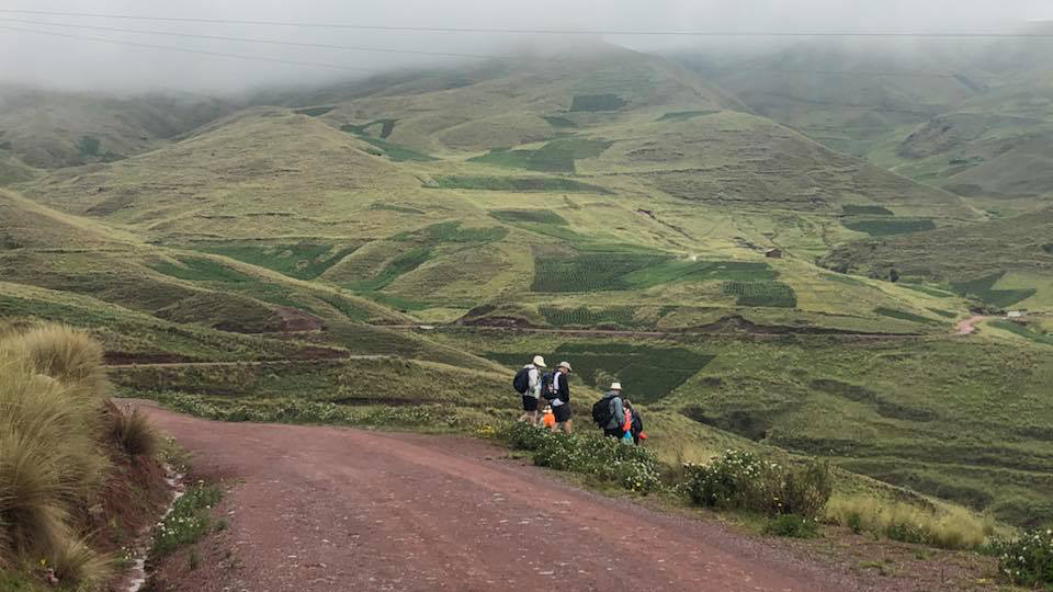 group of hikers in green mountain landscape