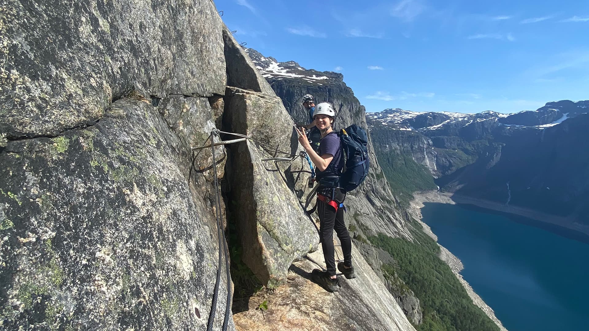 person doing via ferrata near Trolltunga valley