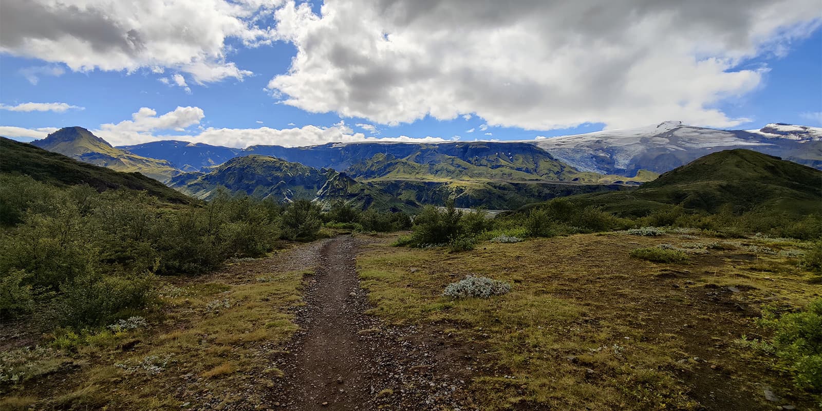 hiking trail in rugged landscape of iceland