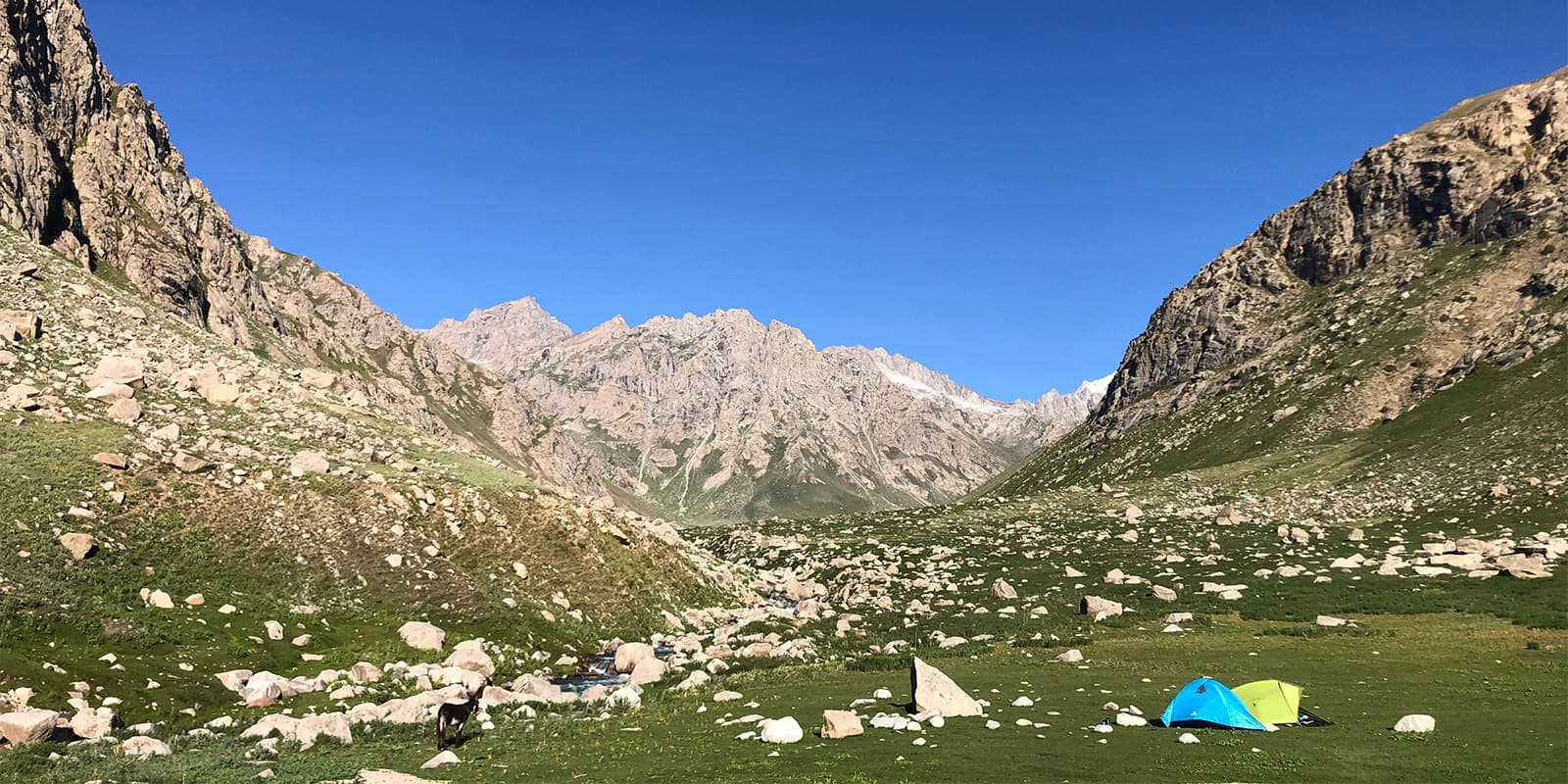 pitched tents on the Pamir Trail in Tajikistan