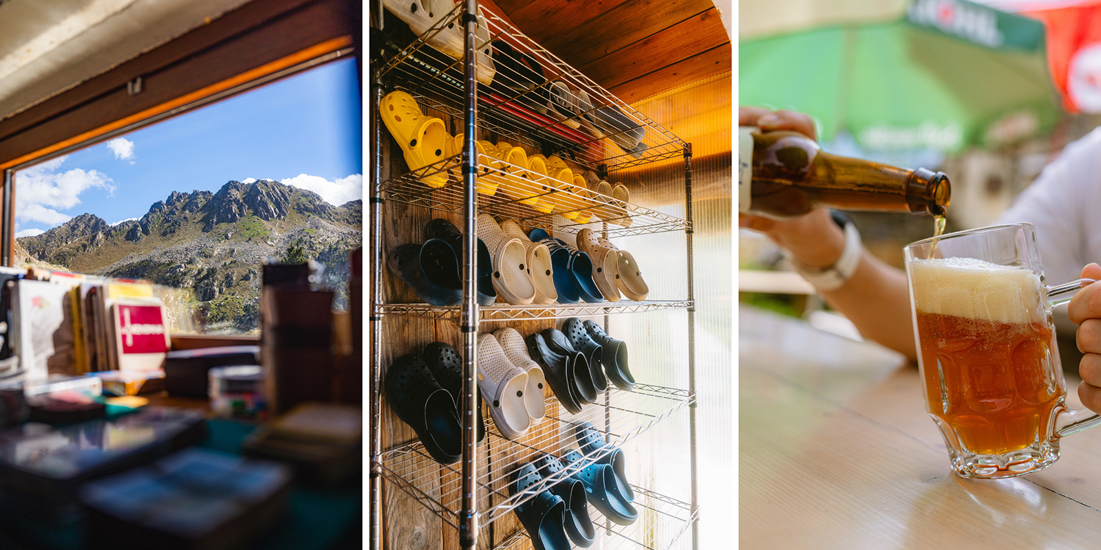 three pictures of mountain huts