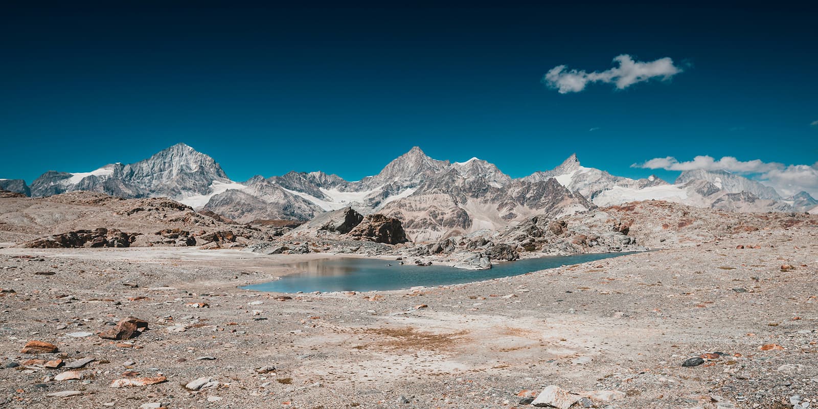 Panoramic view from Trockener Steg above Zermatt onto the surroundings summits.