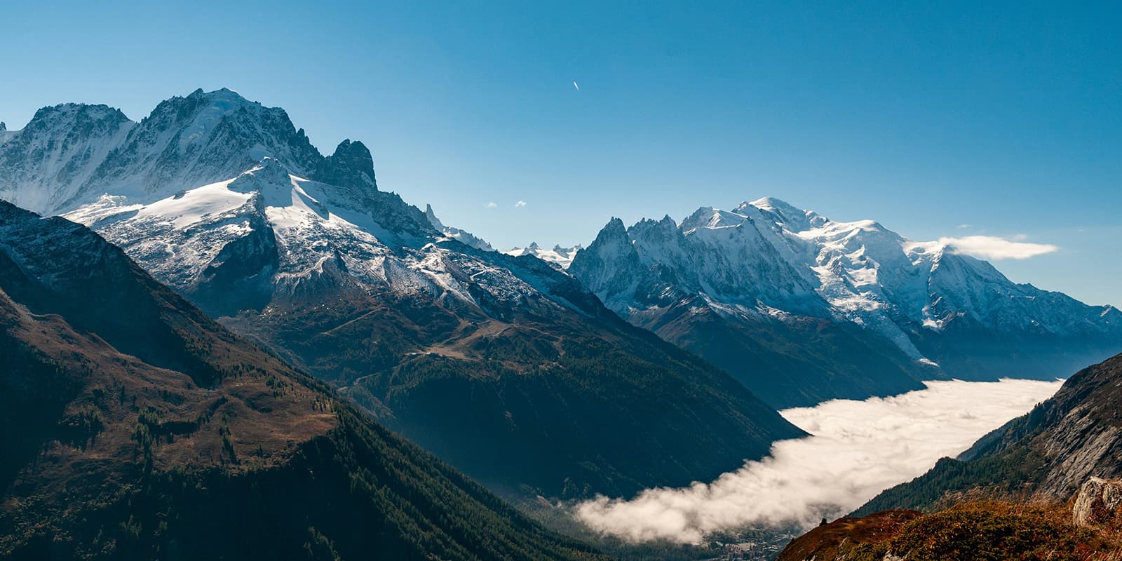 Argentiere under the fog with Mont Blanc in the background, from Des Posettes