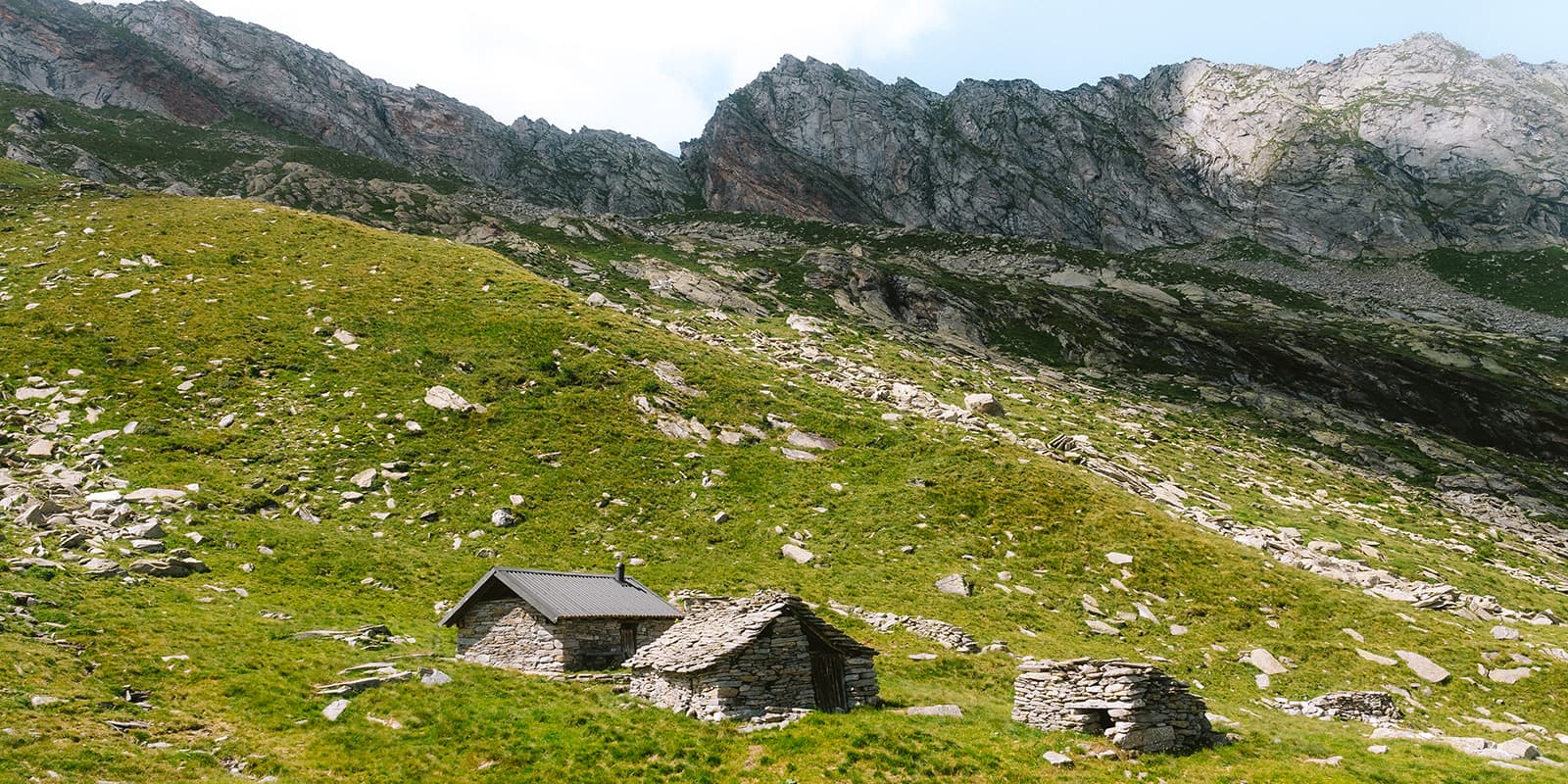 old stone farm buildings in swiss mountains