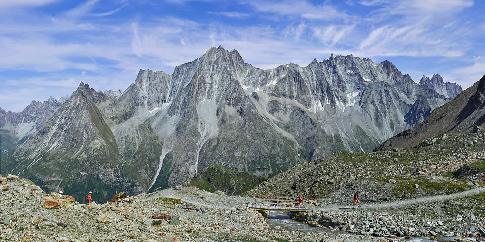 Hikers on the trail that links the Cabane des Aiguilles Rouges to the village of Arolla.