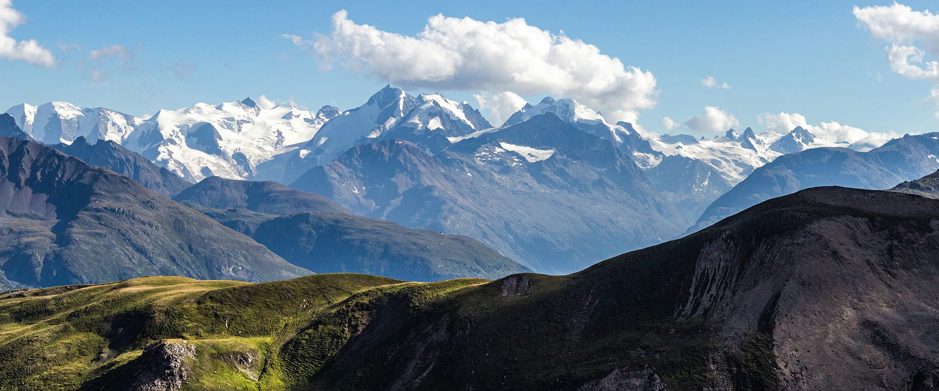 Swiss mountains in Bernina with snow capped peaks in the background