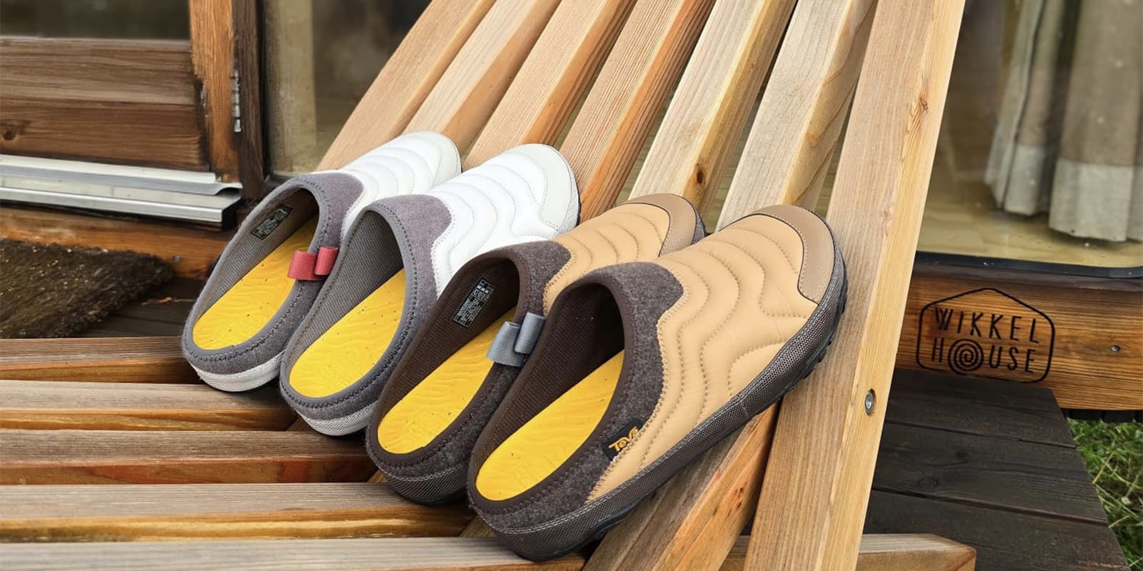 two pair of the Teva ReEmber Terrain shoes in wooden cabin