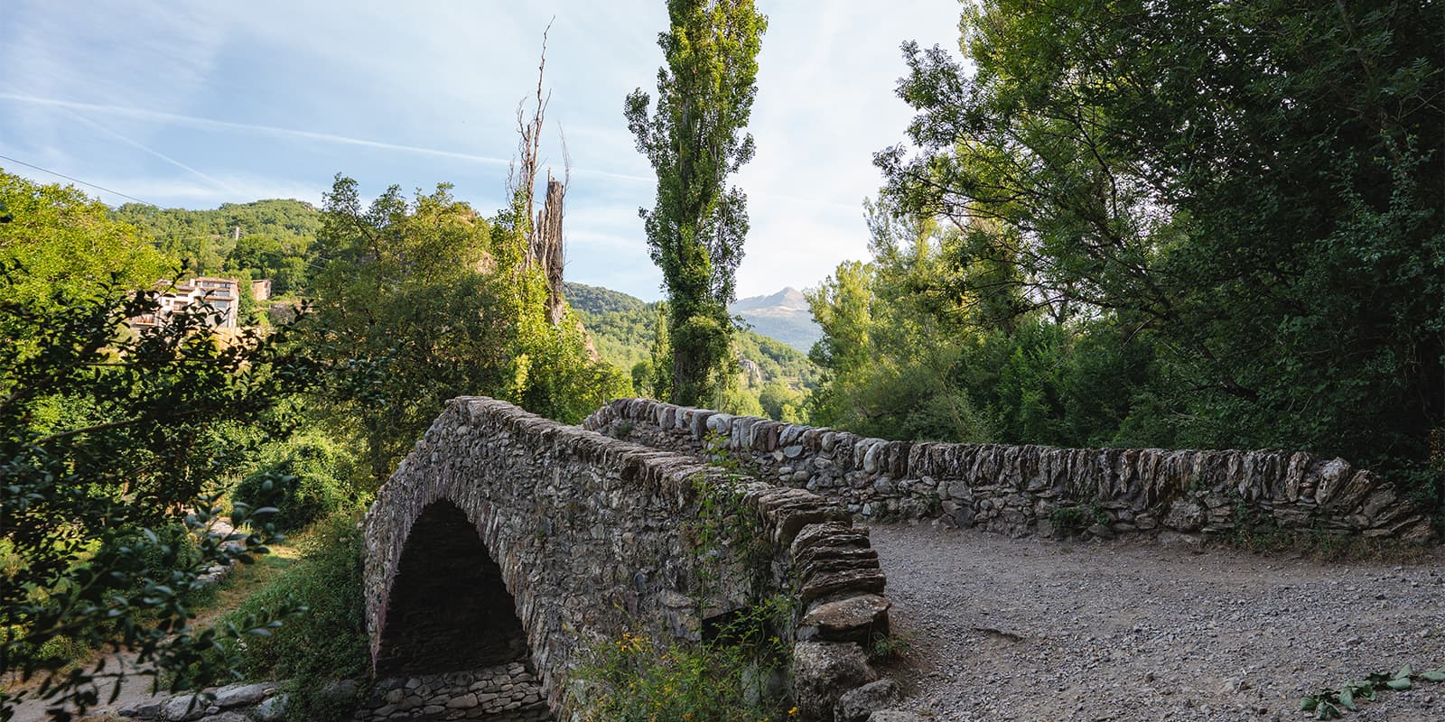 stone bridge over water in green area in the Catalan Pyrenees