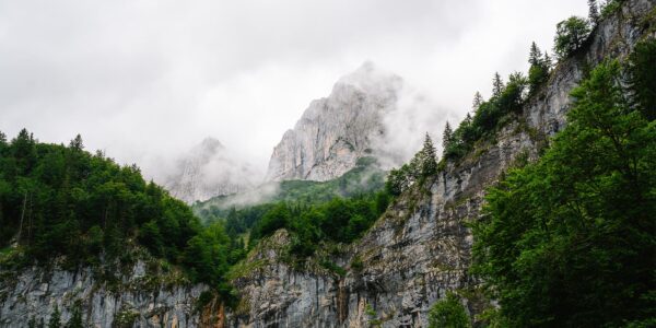 view of the Wilder Kaiser mountain range in Austria on the Adlerweg hiking trail