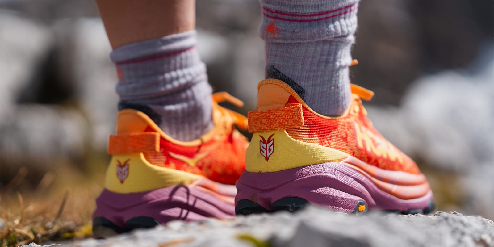 close up shot of the Hoka Speedgoat 6 women's shot in the Dolomites