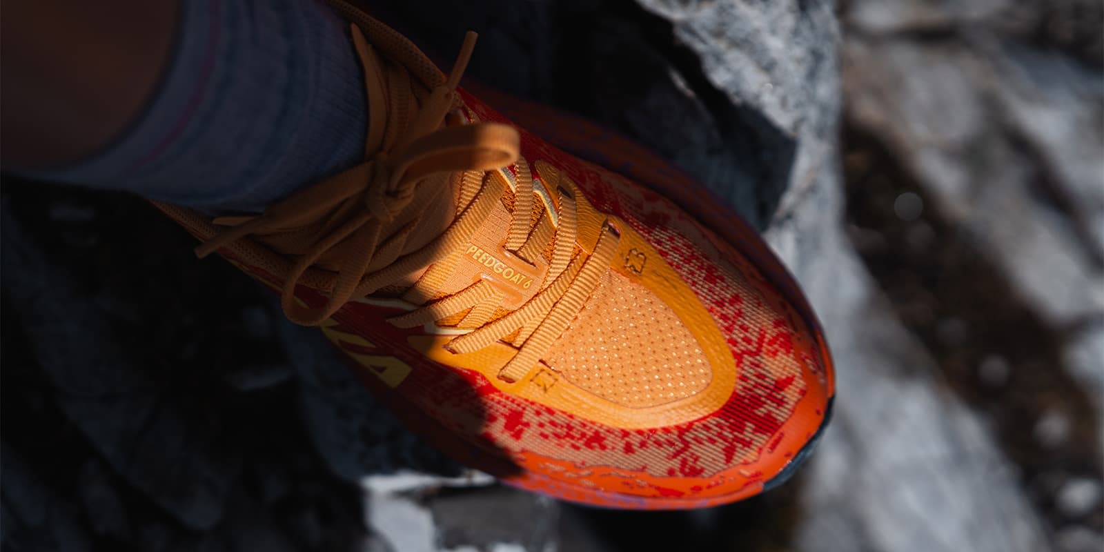 close up shot of the Hoka Speedgoat 6 women's shot in the Dolomites