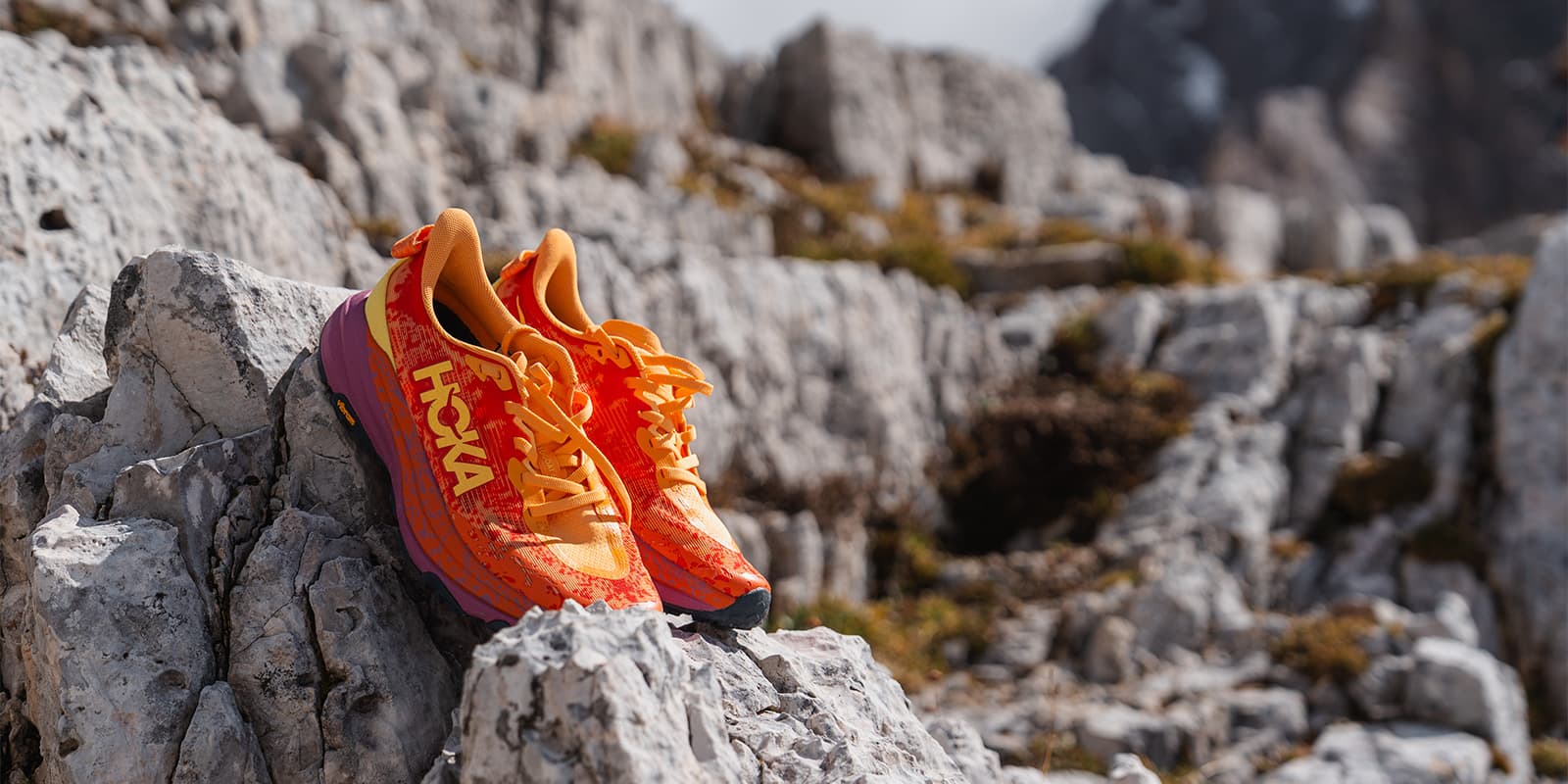 close up shot of the Hoka Speedgoat 6 women's shot in the Dolomites