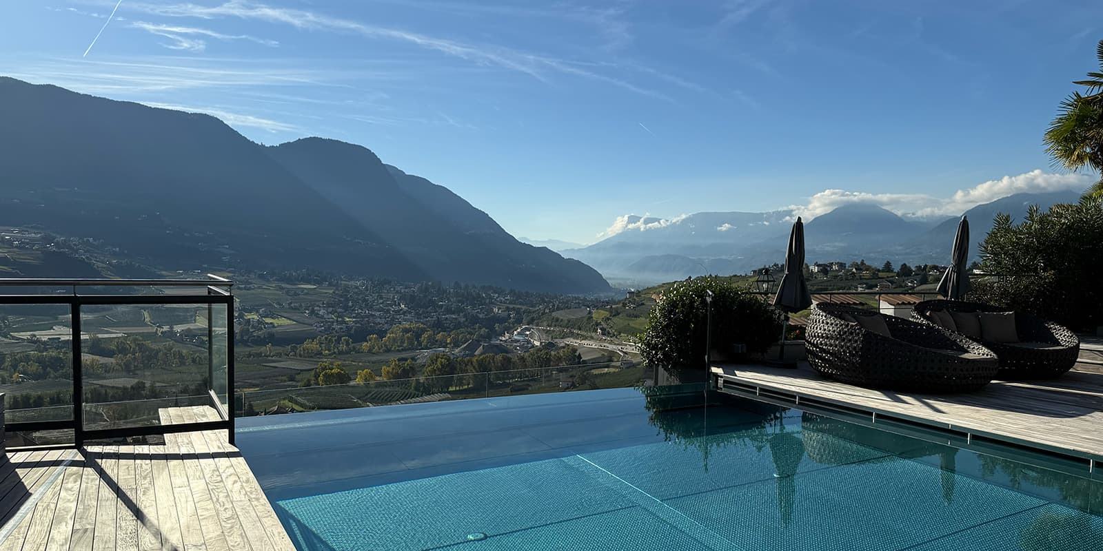 infinity pool from hotel Golserhof overlooking mountain valley in South Tyrol