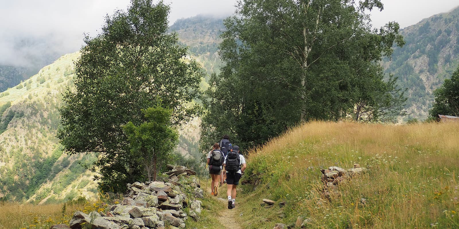 group of hikers on small hiking trail with green mountains in the background