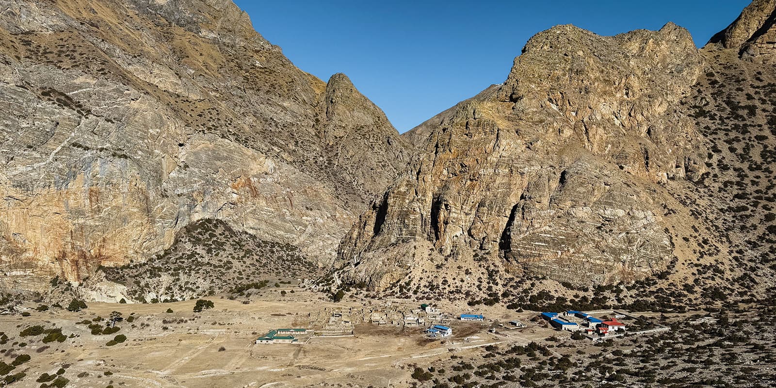settlement in the mountains of Nepal on the Nar phu valley trek