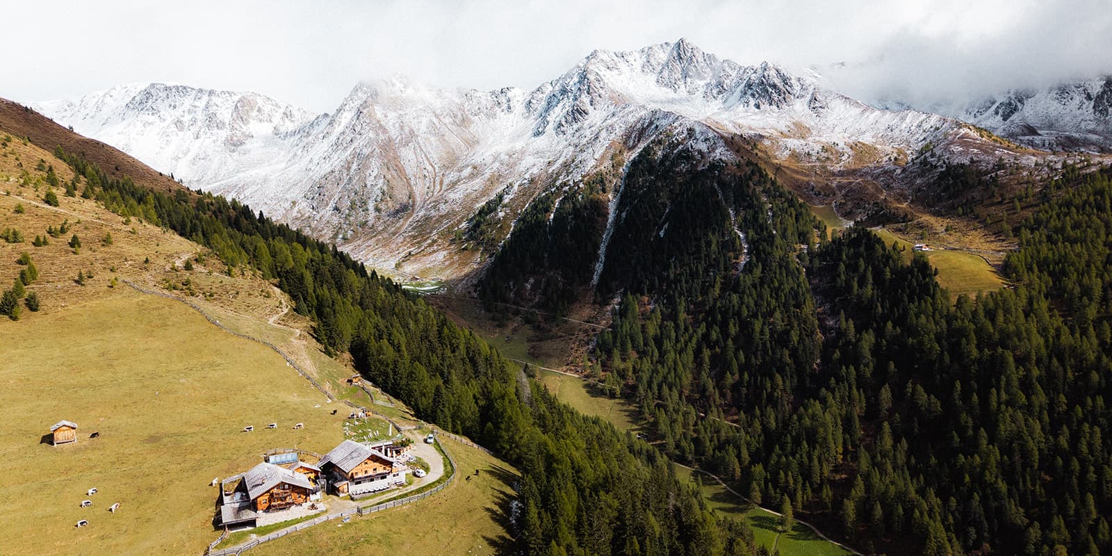 drone shot of Gsiesertal valley in the Dolomites mountains on the Almweg 2000