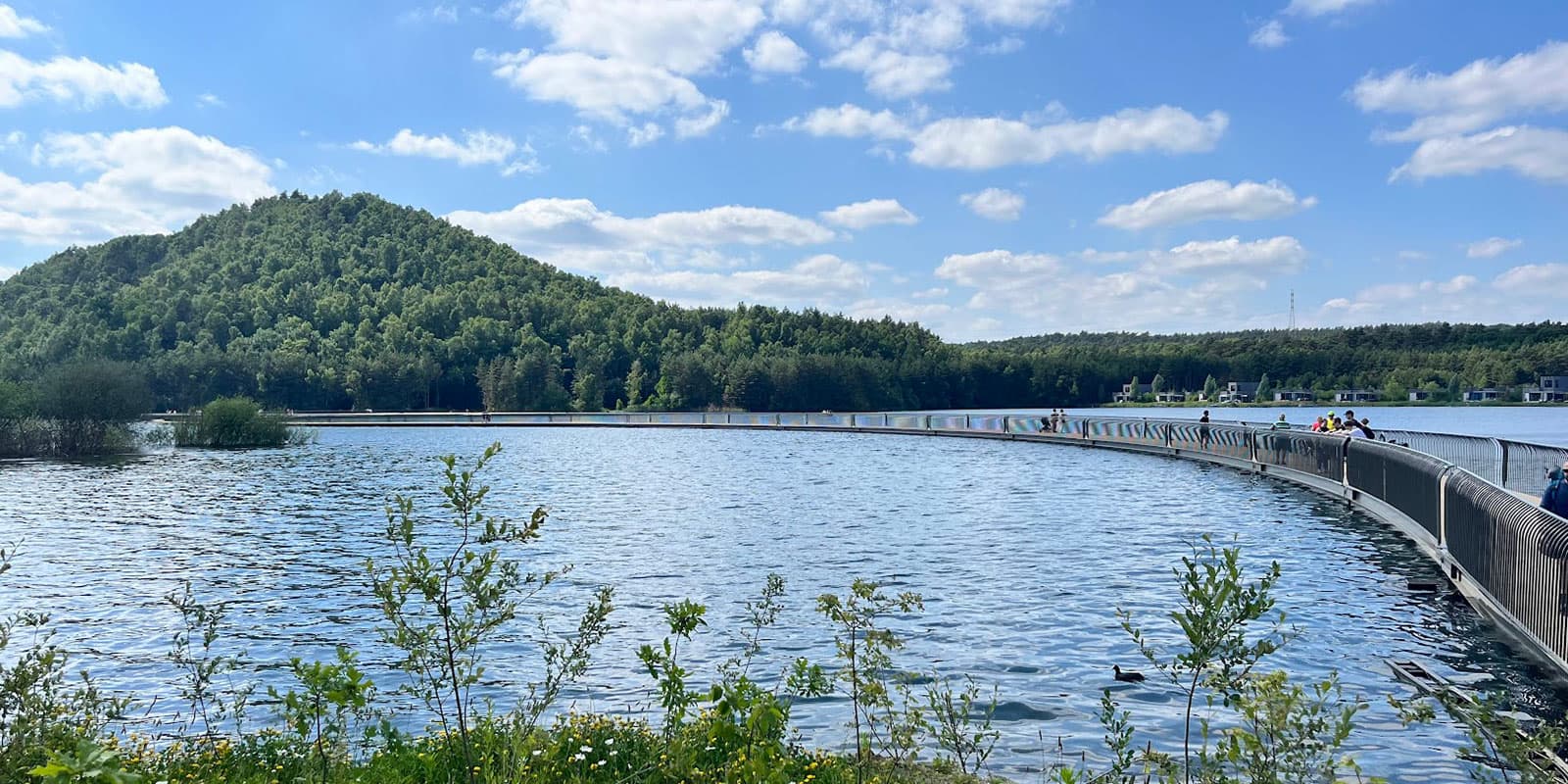 water bridge over lake with green hills in the background in National Park the Hoge Kempen