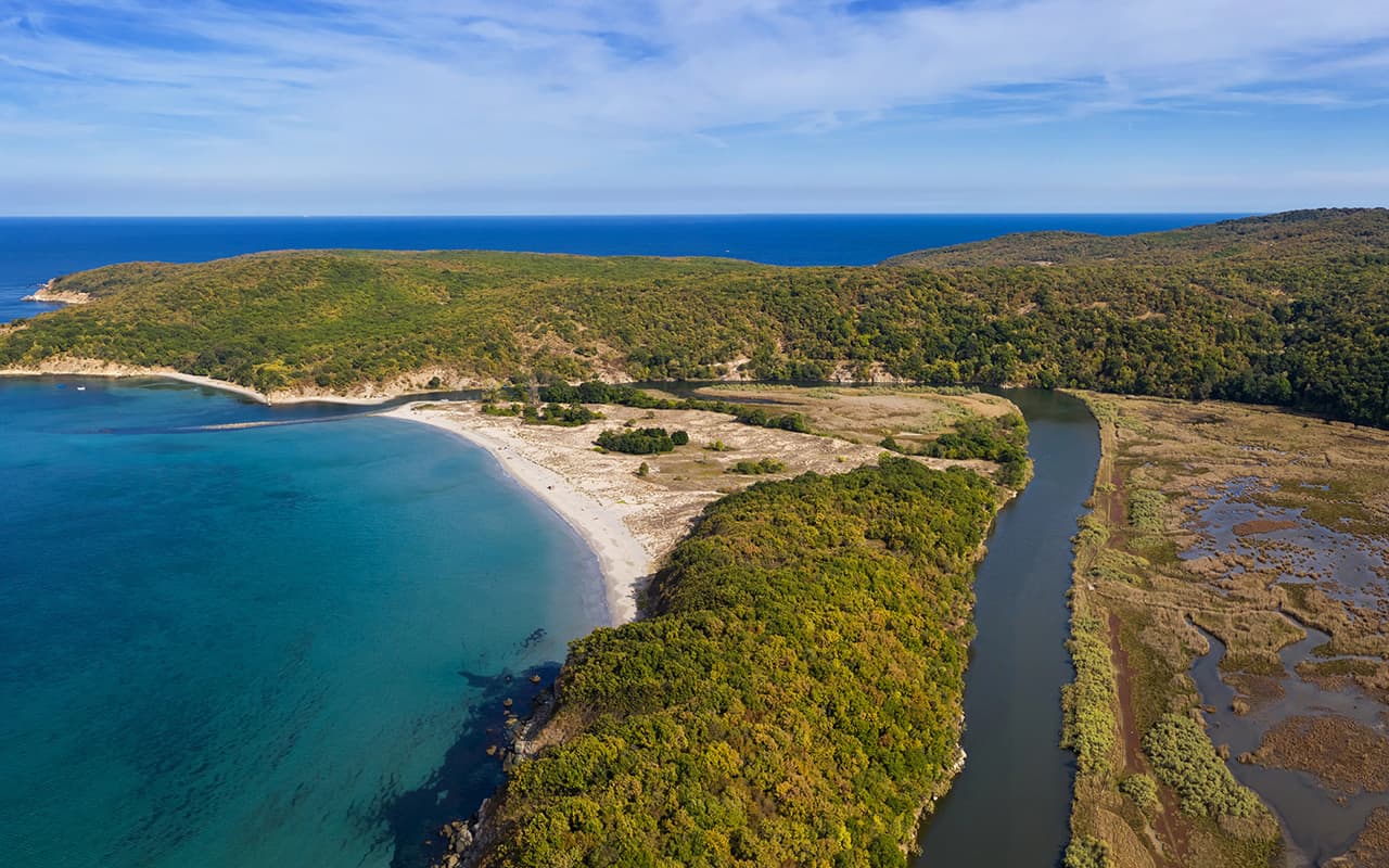 drone shot of green coastline in Bulgaria